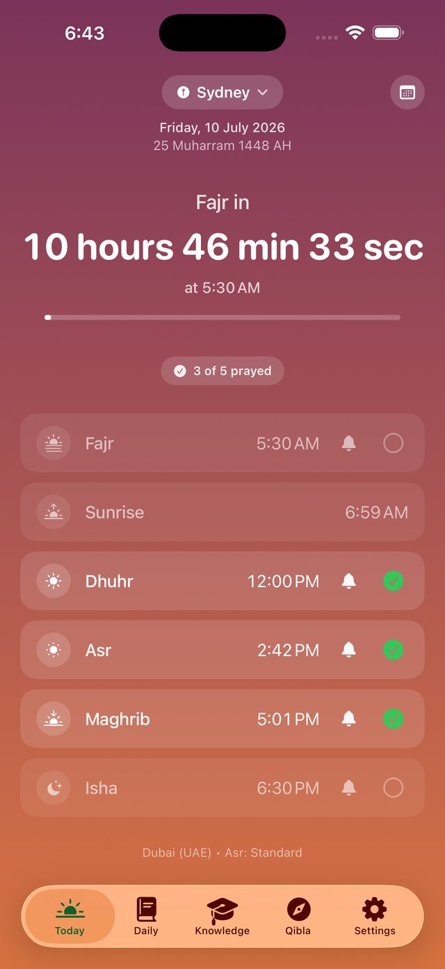 Today screen - prayer times and countdown