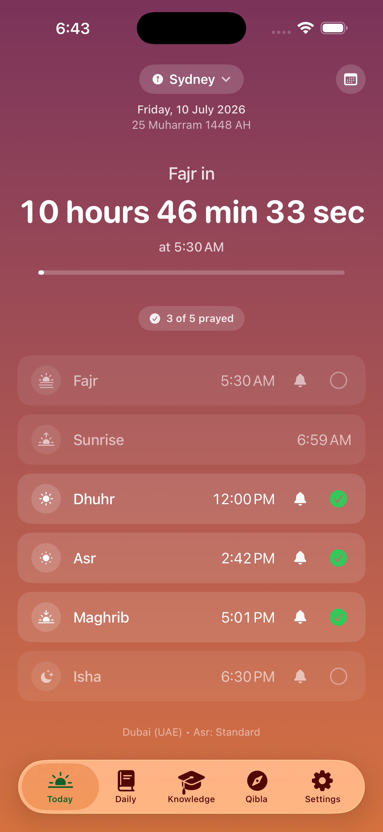 Today screen - prayer times and countdown